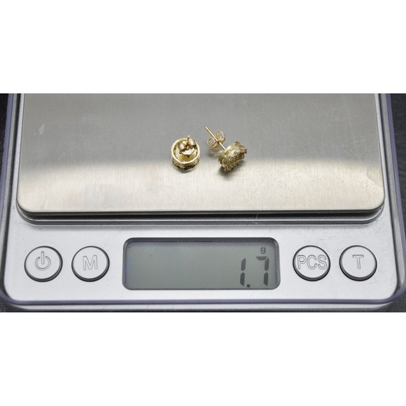 Real 10K Solid Yellow Gold 8mm Mens CZ Charm Halo Round Cut Stud Earrings 1.7gr - Picture 4 of 5